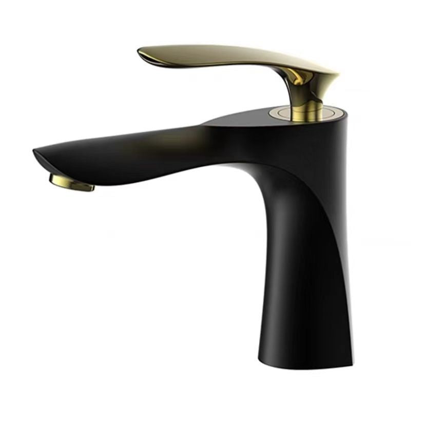 Lever Handle Vanity Sink Faucet Single Hole Basin Faucet with Water Hose Black-Gold 7.1" Clearhalo 'Bathroom Remodel & Bathroom Fixtures' 'Bathroom Sink Faucets' 'Bathroom Sinks & Faucet Components' 'bathroom_sink_faucets' 'Home Improvement' 'home_improvement' 'home_improvement_bathroom_sink_faucets' 6848829