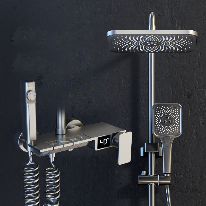 Modern Shower Trim Brass Adjustable Spray Pattern Wall Mounted Shower Set Gun Grey Temperature Control Digital Display Included Clearhalo 'Bathroom Remodel & Bathroom Fixtures' 'Home Improvement' 'home_improvement' 'home_improvement_shower_faucets' 'Shower Faucets & Systems' 'shower_faucets' 'Showers & Bathtubs Plumbing' 'Showers & Bathtubs' 6848980