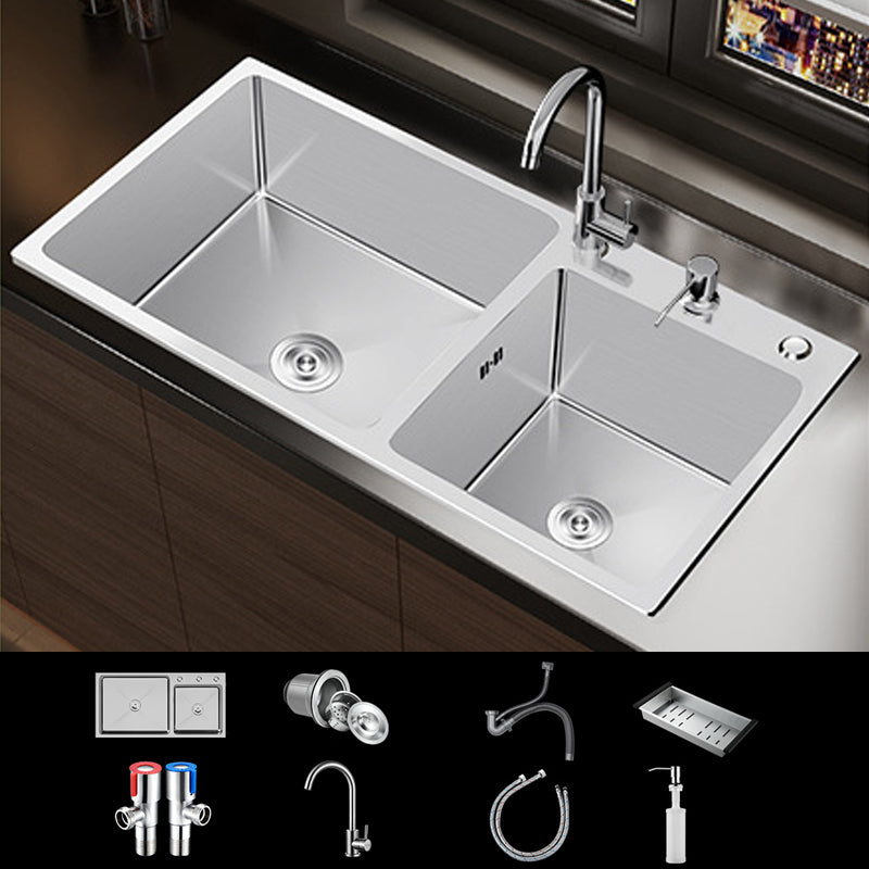 Contemporary Style Kitchen Sink Stainless Steel Double Kitchen Sink Sink with Faucet Round Faucet Clearhalo 'Home Improvement' 'home_improvement' 'home_improvement_kitchen_sinks' 'Kitchen Remodel & Kitchen Fixtures' 'Kitchen Sinks & Faucet Components' 'Kitchen Sinks' 'kitchen_sinks' 6849161