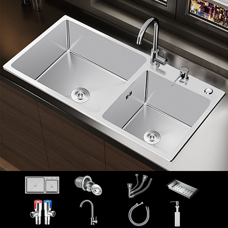 Contemporary Style Kitchen Sink Stainless Steel Double Kitchen Sink 31"L x 17"W x 8"H Sink with Faucet Round Faucet Clearhalo 'Home Improvement' 'home_improvement' 'home_improvement_kitchen_sinks' 'Kitchen Remodel & Kitchen Fixtures' 'Kitchen Sinks & Faucet Components' 'Kitchen Sinks' 'kitchen_sinks' 6849164