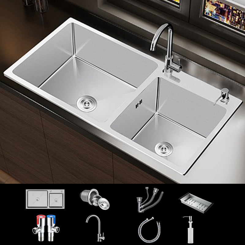 Contemporary Style Kitchen Sink Stainless Steel Double Kitchen Sink 27"L x 15"W x 8"H Sink with Faucet Round Faucet Clearhalo 'Home Improvement' 'home_improvement' 'home_improvement_kitchen_sinks' 'Kitchen Remodel & Kitchen Fixtures' 'Kitchen Sinks & Faucet Components' 'Kitchen Sinks' 'kitchen_sinks' 6849165