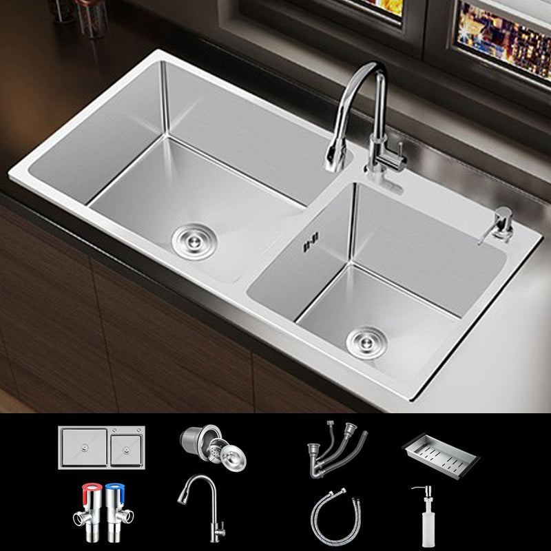 Contemporary Style Kitchen Sink Stainless Steel Double Kitchen Sink 27"L x 15"W x 8"H Sink with Faucet Pull Out Faucet Clearhalo 'Home Improvement' 'home_improvement' 'home_improvement_kitchen_sinks' 'Kitchen Remodel & Kitchen Fixtures' 'Kitchen Sinks & Faucet Components' 'Kitchen Sinks' 'kitchen_sinks' 6849171