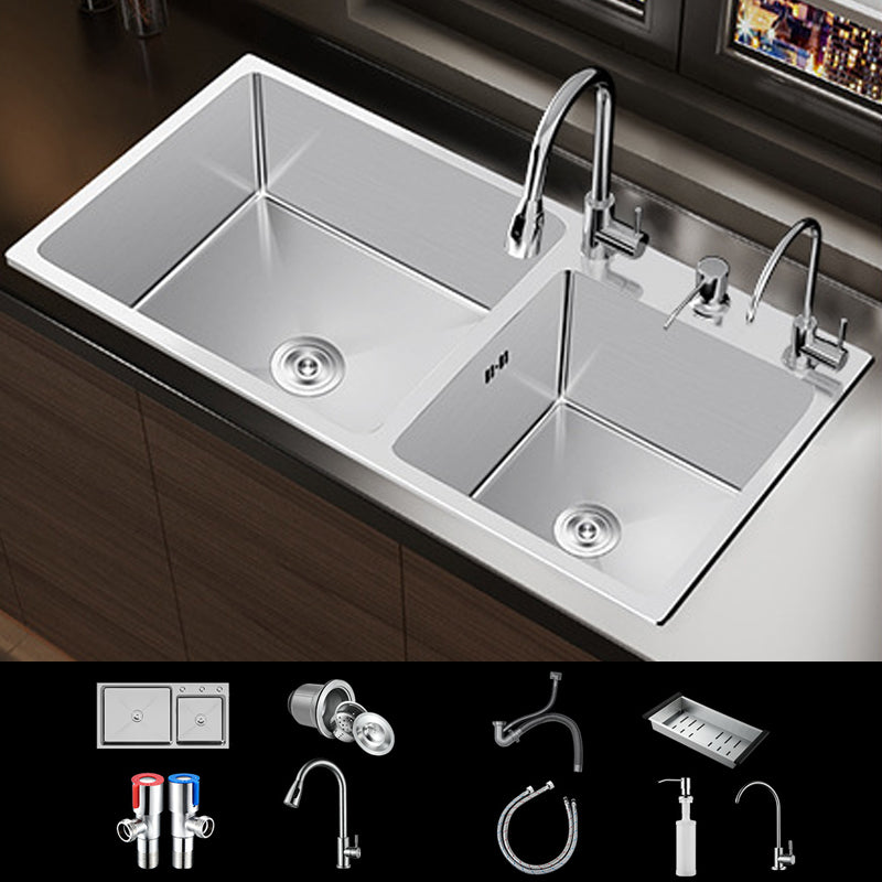 Contemporary Style Kitchen Sink Stainless Steel Double Kitchen Sink Sink with Faucet Double Tap for Water Purification Clearhalo 'Home Improvement' 'home_improvement' 'home_improvement_kitchen_sinks' 'Kitchen Remodel & Kitchen Fixtures' 'Kitchen Sinks & Faucet Components' 'Kitchen Sinks' 'kitchen_sinks' 6849173