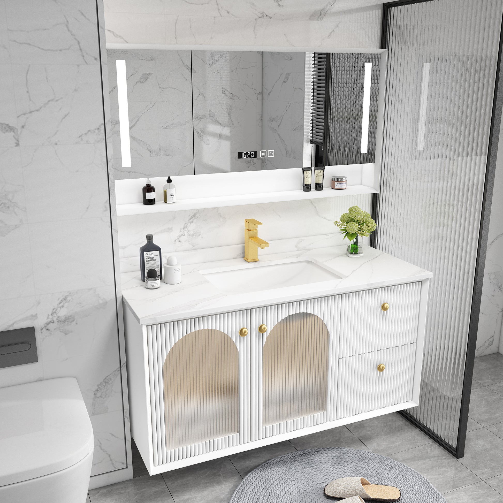 Waterproof Bathroom Vanity Rectangle Single Sink Wood Frame Wall-Mounted Drawers Vanity Clearhalo 'Bathroom Remodel & Bathroom Fixtures' 'Bathroom Vanities' 'bathroom_vanities' 'Home Improvement' 'home_improvement' 'home_improvement_bathroom_vanities' 6849311