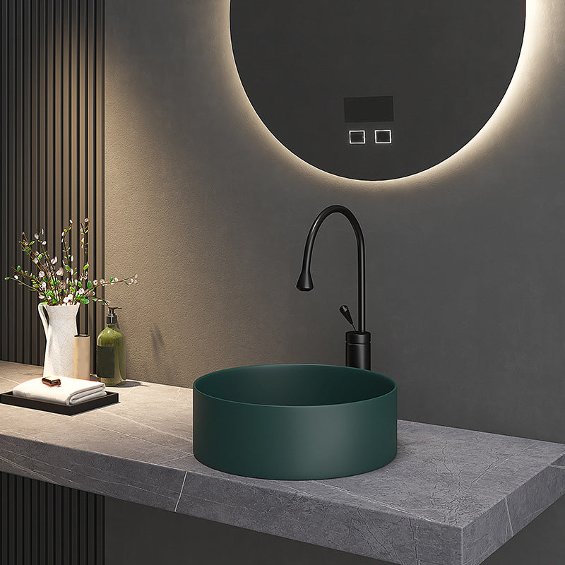 Modern Vessel Sink Round Porcelain with Faucet Vessel Lavatory Sink 16"L x 16"W x 5"H Green Sink with Faucet Clearhalo 'Bathroom Remodel & Bathroom Fixtures' 'Bathroom Sinks & Faucet Components' 'Bathroom Sinks' 'bathroom_sink' 'Home Improvement' 'home_improvement' 'home_improvement_bathroom_sink' 6849365