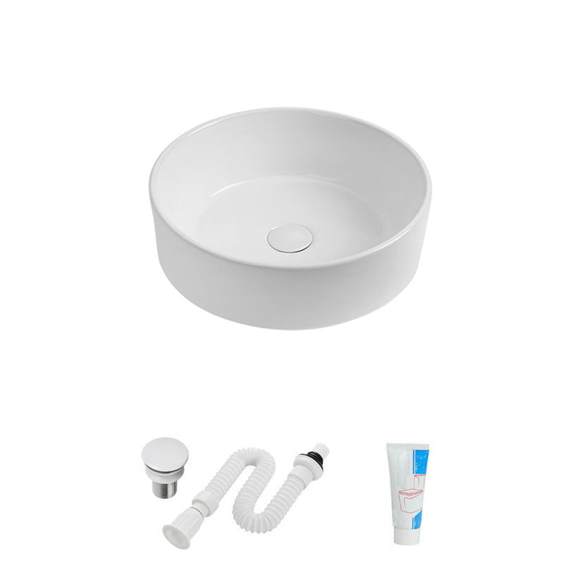 Modern Vessel Sink Round Porcelain with Faucet Vessel Lavatory Sink 14"L x 14"W x 4"H White Sink Clearhalo 'Bathroom Remodel & Bathroom Fixtures' 'Bathroom Sinks & Faucet Components' 'Bathroom Sinks' 'bathroom_sink' 'Home Improvement' 'home_improvement' 'home_improvement_bathroom_sink' 6849374
