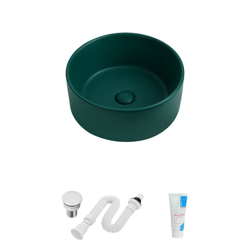 Modern Vessel Sink Round Porcelain with Faucet Vessel Lavatory Sink 14"L x 14"W x 4"H Green Sink Clearhalo 'Bathroom Remodel & Bathroom Fixtures' 'Bathroom Sinks & Faucet Components' 'Bathroom Sinks' 'bathroom_sink' 'Home Improvement' 'home_improvement' 'home_improvement_bathroom_sink' 6849379