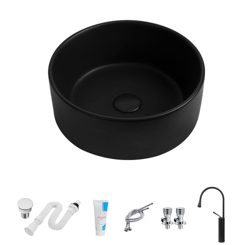 Modern Vessel Sink Round Porcelain with Faucet Vessel Lavatory Sink 16"L x 16"W x 5"H Black Sink with Faucet Clearhalo 'Bathroom Remodel & Bathroom Fixtures' 'Bathroom Sinks & Faucet Components' 'Bathroom Sinks' 'bathroom_sink' 'Home Improvement' 'home_improvement' 'home_improvement_bathroom_sink' 6849387