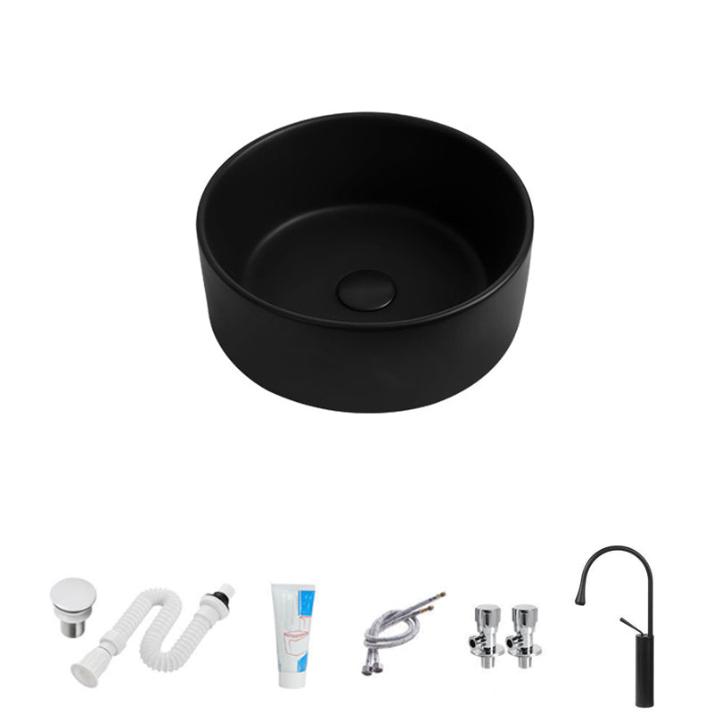 Modern Vessel Sink Round Porcelain with Faucet Vessel Lavatory Sink 14"L x 14"W x 4"H Black Sink with Faucet Clearhalo 'Bathroom Remodel & Bathroom Fixtures' 'Bathroom Sinks & Faucet Components' 'Bathroom Sinks' 'bathroom_sink' 'Home Improvement' 'home_improvement' 'home_improvement_bathroom_sink' 6849388