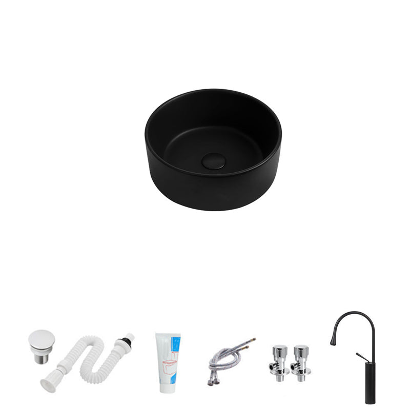 Modern Vessel Sink Round Porcelain with Faucet Vessel Lavatory Sink 12"L x 12"W x 4"H Black Sink with Faucet Clearhalo 'Bathroom Remodel & Bathroom Fixtures' 'Bathroom Sinks & Faucet Components' 'Bathroom Sinks' 'bathroom_sink' 'Home Improvement' 'home_improvement' 'home_improvement_bathroom_sink' 6849389