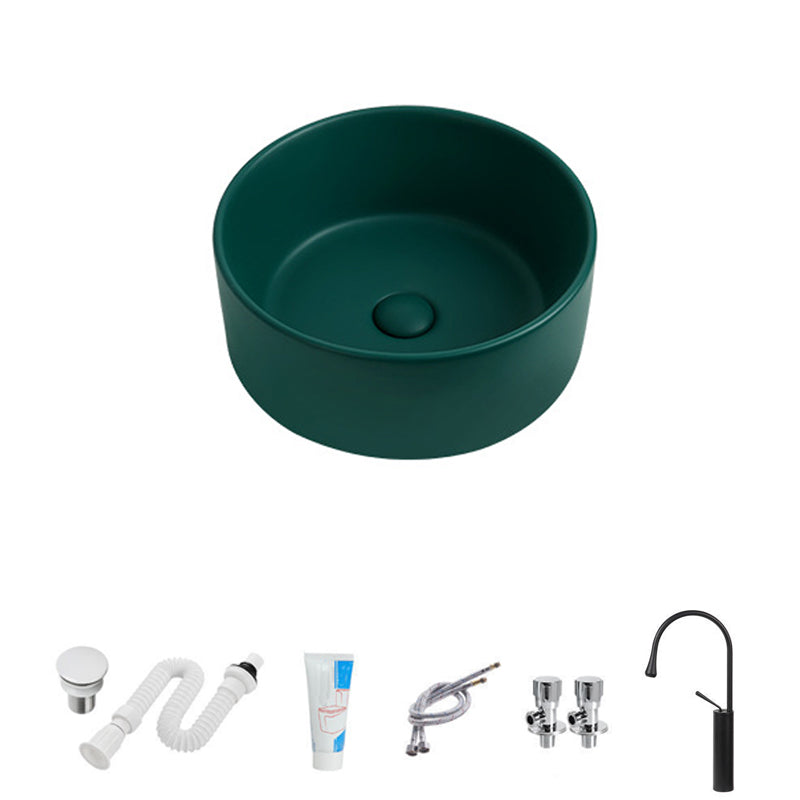 Modern Vessel Sink Round Porcelain with Faucet Vessel Lavatory Sink 14"L x 14"W x 4"H Green Sink with Faucet Clearhalo 'Bathroom Remodel & Bathroom Fixtures' 'Bathroom Sinks & Faucet Components' 'Bathroom Sinks' 'bathroom_sink' 'Home Improvement' 'home_improvement' 'home_improvement_bathroom_sink' 6849392