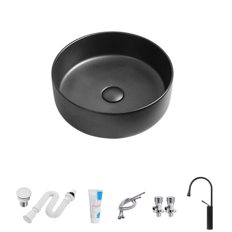 Modern Vessel Sink Round Porcelain with Faucet Vessel Lavatory Sink 16"L x 16"W x 5"H Gun Grey Sink with Faucet Clearhalo 'Bathroom Remodel & Bathroom Fixtures' 'Bathroom Sinks & Faucet Components' 'Bathroom Sinks' 'bathroom_sink' 'Home Improvement' 'home_improvement' 'home_improvement_bathroom_sink' 6849394