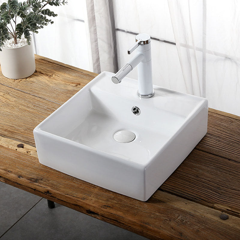 Modern Vessel Bathroom Sink Rectangular Porcelain Drain Vessel Sink(Not Included Faucet) 15"L x 15"W x 5.1"H Clearhalo 'Bathroom Remodel & Bathroom Fixtures' 'Bathroom Sinks & Faucet Components' 'Bathroom Sinks' 'bathroom_sink' 'Home Improvement' 'home_improvement' 'home_improvement_bathroom_sink' 6849411