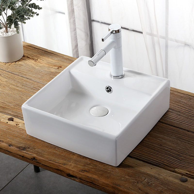 Modern Vessel Bathroom Sink Rectangular Porcelain Drain Vessel Sink(Not Included Faucet) 16"L x 16"W x 6"H Clearhalo 'Bathroom Remodel & Bathroom Fixtures' 'Bathroom Sinks & Faucet Components' 'Bathroom Sinks' 'bathroom_sink' 'Home Improvement' 'home_improvement' 'home_improvement_bathroom_sink' 6849422