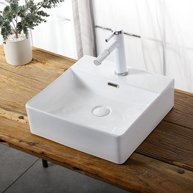 Modern Vessel Bathroom Sink Rectangular Porcelain Drain Vessel Sink(Not Included Faucet) 17"L x 17"W x 5"H Clearhalo 'Bathroom Remodel & Bathroom Fixtures' 'Bathroom Sinks & Faucet Components' 'Bathroom Sinks' 'bathroom_sink' 'Home Improvement' 'home_improvement' 'home_improvement_bathroom_sink' 6849428