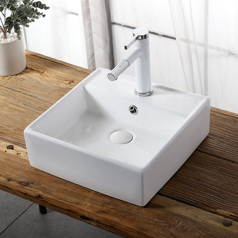 Modern Vessel Bathroom Sink Rectangular Porcelain Drain Vessel Sink(Not Included Faucet) 19"L x 19"W x 6"H Clearhalo 'Bathroom Remodel & Bathroom Fixtures' 'Bathroom Sinks & Faucet Components' 'Bathroom Sinks' 'bathroom_sink' 'Home Improvement' 'home_improvement' 'home_improvement_bathroom_sink' 6849434