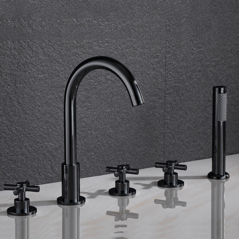 Traditional Roman Tub Faucet Set Copper Deck Mounted Triple Handle Roman Bathtub Faucet Black High Arc Clearhalo 'Bathroom Remodel & Bathroom Fixtures' 'Bathtub Faucets' 'bathtub_faucets' 'Home Improvement' 'home_improvement' 'home_improvement_bathtub_faucets' 6849658