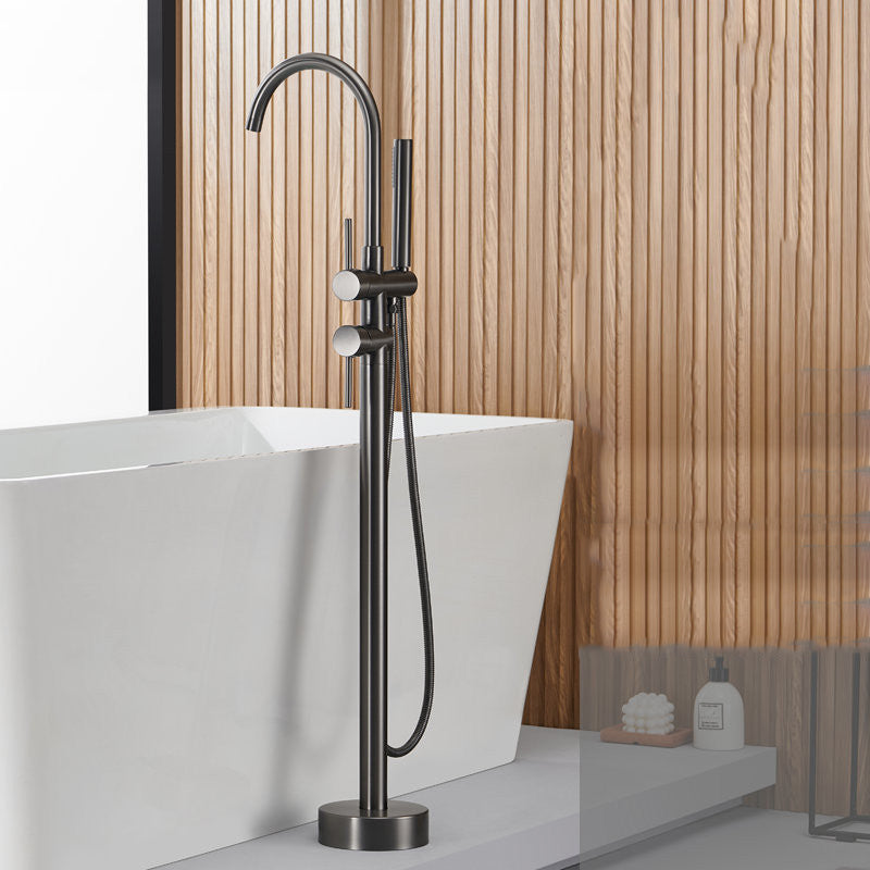 Brass Freestanding Tub Filler Floor Mounted Tub Filler with Lever Handles Gun Grey Hand Shower Included Clearhalo 'Bathroom Remodel & Bathroom Fixtures' 'Bathtub Faucets' 'bathtub_faucets' 'Home Improvement' 'home_improvement' 'home_improvement_bathtub_faucets' 6849699