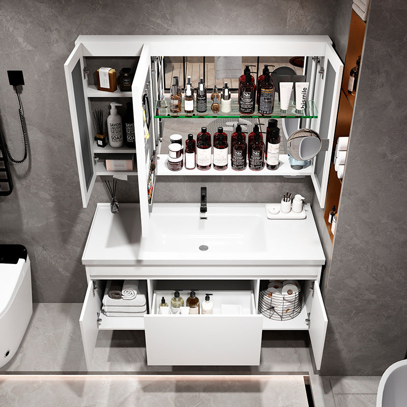 Rectangle Bathroom Vanity Wall-Mounted Mirror Wood Frame Modern Vanity with Doors Clearhalo 'Bathroom Remodel & Bathroom Fixtures' 'Bathroom Vanities' 'bathroom_vanities' 'Home Improvement' 'home_improvement' 'home_improvement_bathroom_vanities' 6849767