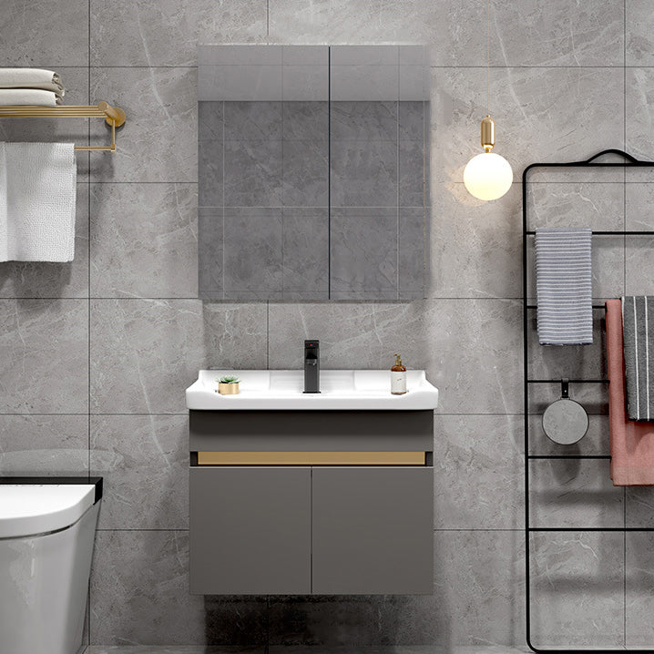 Scratch Resistant Bath Vanity Grey Drawers Wood Frame Mirror Wall Mount 2 Doors Vanity Vanity & Faucet & Mirror Cabinet 24"L x 19"W x 22"H Gray Clearhalo 'Bathroom Remodel & Bathroom Fixtures' 'Bathroom Vanities' 'bathroom_vanities' 'Home Improvement' 'home_improvement' 'home_improvement_bathroom_vanities' 6849802