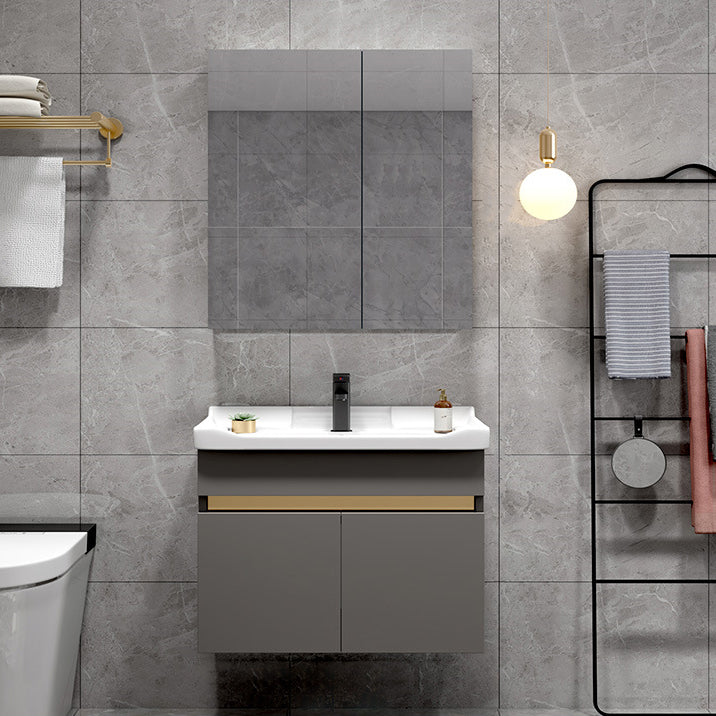 Scratch Resistant Bath Vanity Grey Drawers Wood Frame Mirror Wall Mount 2 Doors Vanity Vanity & Faucet & Mirror Cabinet 28"L x 19"W x 22"H Gray Clearhalo 'Bathroom Remodel & Bathroom Fixtures' 'Bathroom Vanities' 'bathroom_vanities' 'Home Improvement' 'home_improvement' 'home_improvement_bathroom_vanities' 6849803