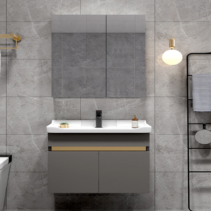 Scratch Resistant Bath Vanity Grey Drawers Wood Frame Mirror Wall Mount 2 Doors Vanity Vanity & Faucet & Mirror Cabinet 32"L x 19"W x 22"H Gray Clearhalo 'Bathroom Remodel & Bathroom Fixtures' 'Bathroom Vanities' 'bathroom_vanities' 'Home Improvement' 'home_improvement' 'home_improvement_bathroom_vanities' 6849806