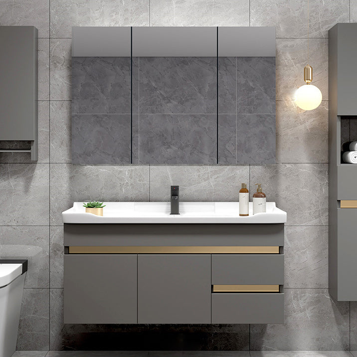 Scratch Resistant Bath Vanity Grey Drawers Wood Frame Mirror Wall Mount 2 Doors Vanity Vanity & Faucet & Mirror Cabinet 40"L x 19"W x 22"H Gray Clearhalo 'Bathroom Remodel & Bathroom Fixtures' 'Bathroom Vanities' 'bathroom_vanities' 'Home Improvement' 'home_improvement' 'home_improvement_bathroom_vanities' 6849808