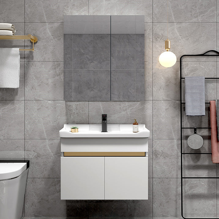 Scratch Resistant Bath Vanity Grey Drawers Wood Frame Mirror Wall Mount 2 Doors Vanity Vanity & Faucet & Mirror Cabinet 28"L x 19"W x 22"H White Clearhalo 'Bathroom Remodel & Bathroom Fixtures' 'Bathroom Vanities' 'bathroom_vanities' 'Home Improvement' 'home_improvement' 'home_improvement_bathroom_vanities' 6849812