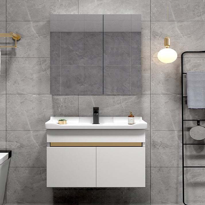 Scratch Resistant Bath Vanity Grey Drawers Wood Frame Mirror Wall Mount 2 Doors Vanity Vanity & Faucet & Mirror Cabinet 32"L x 19"W x 22"H White Clearhalo 'Bathroom Remodel & Bathroom Fixtures' 'Bathroom Vanities' 'bathroom_vanities' 'Home Improvement' 'home_improvement' 'home_improvement_bathroom_vanities' 6849813