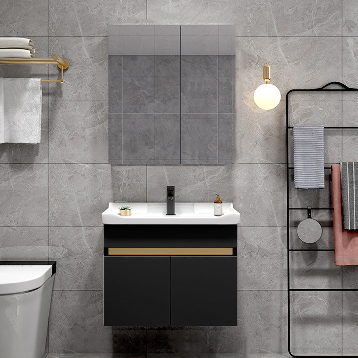 Scratch Resistant Bath Vanity Grey Drawers Wood Frame Mirror Wall Mount 2 Doors Vanity Vanity & Faucet & Mirror Cabinet 24"L x 19"W x 22"H Black Clearhalo 'Bathroom Remodel & Bathroom Fixtures' 'Bathroom Vanities' 'bathroom_vanities' 'Home Improvement' 'home_improvement' 'home_improvement_bathroom_vanities' 6849814