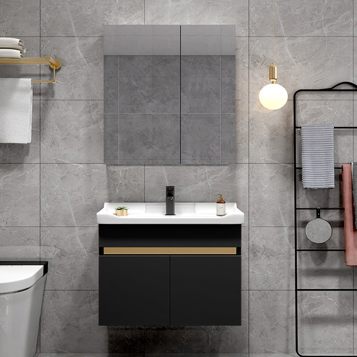 Scratch Resistant Bath Vanity Grey Drawers Wood Frame Mirror Wall Mount 2 Doors Vanity Vanity & Faucet & Mirror Cabinet 28"L x 19"W x 22"H Black Clearhalo 'Bathroom Remodel & Bathroom Fixtures' 'Bathroom Vanities' 'bathroom_vanities' 'Home Improvement' 'home_improvement' 'home_improvement_bathroom_vanities' 6849815