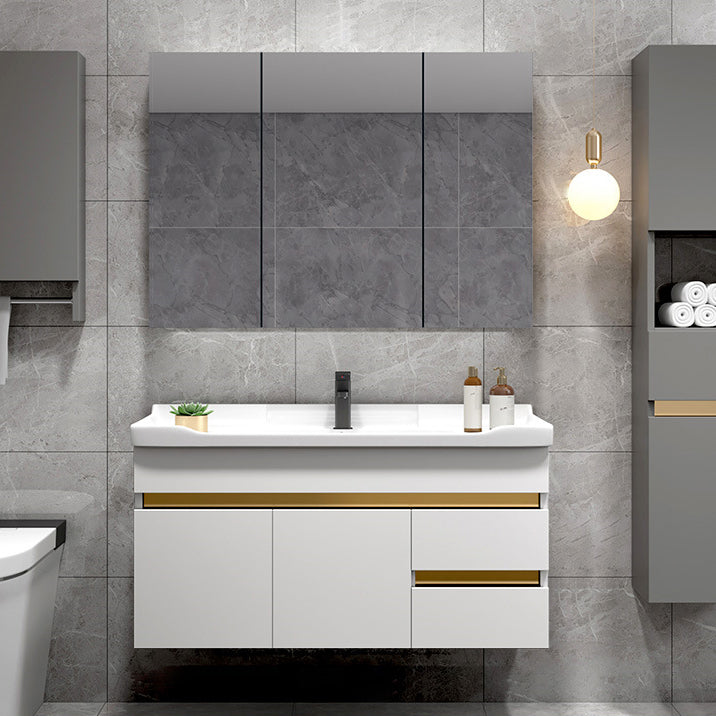 Scratch Resistant Bath Vanity Grey Drawers Wood Frame Mirror Wall Mount 2 Doors Vanity Vanity & Faucet & Mirror Cabinet 36"L x 19"W x 22"H White Clearhalo 'Bathroom Remodel & Bathroom Fixtures' 'Bathroom Vanities' 'bathroom_vanities' 'Home Improvement' 'home_improvement' 'home_improvement_bathroom_vanities' 6849816