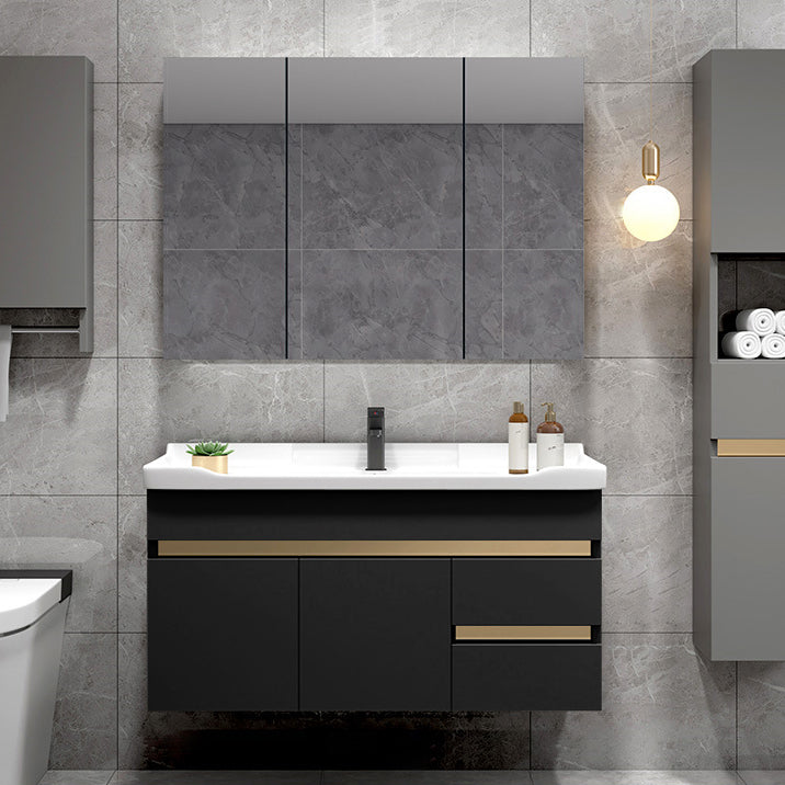 Scratch Resistant Bath Vanity Grey Drawers Wood Frame Mirror Wall Mount 2 Doors Vanity Vanity & Faucet & Mirror Cabinet 36"L x 19"W x 22"H Black Clearhalo 'Bathroom Remodel & Bathroom Fixtures' 'Bathroom Vanities' 'bathroom_vanities' 'Home Improvement' 'home_improvement' 'home_improvement_bathroom_vanities' 6849817