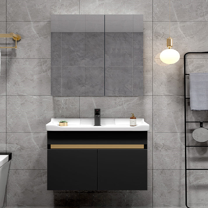 Scratch Resistant Bath Vanity Grey Drawers Wood Frame Mirror Wall Mount 2 Doors Vanity Vanity & Faucet & Mirror Cabinet 32"L x 19"W x 22"H Black Clearhalo 'Bathroom Remodel & Bathroom Fixtures' 'Bathroom Vanities' 'bathroom_vanities' 'Home Improvement' 'home_improvement' 'home_improvement_bathroom_vanities' 6849819