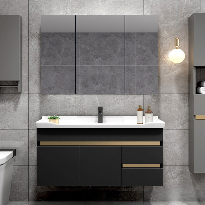 Scratch Resistant Bath Vanity Grey Drawers Wood Frame Mirror Wall Mount 2 Doors Vanity Vanity & Faucet & Mirror Cabinet 40"L x 19"W x 22"H Black Clearhalo 'Bathroom Remodel & Bathroom Fixtures' 'Bathroom Vanities' 'bathroom_vanities' 'Home Improvement' 'home_improvement' 'home_improvement_bathroom_vanities' 6849820