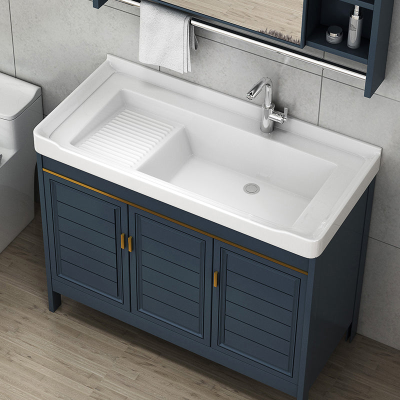 Blue Bath Vanity Single Sink Freestanding Metal Frame Mirror Vanity with Soft Close Doors Clearhalo 'Bathroom Remodel & Bathroom Fixtures' 'Bathroom Vanities' 'bathroom_vanities' 'Home Improvement' 'home_improvement' 'home_improvement_bathroom_vanities' 6849848