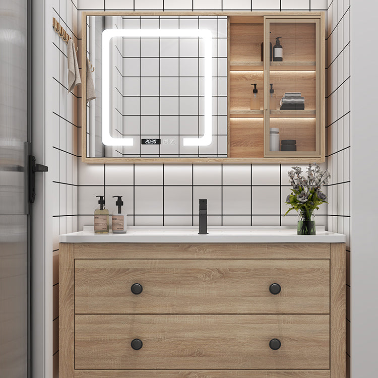 Wood Frame Vanity Mirror Freestanding Single Sink Scratch Resistant Vanity with Drawers Clearhalo 'Bathroom Remodel & Bathroom Fixtures' 'Bathroom Vanities' 'bathroom_vanities' 'Home Improvement' 'home_improvement' 'home_improvement_bathroom_vanities' 6849881