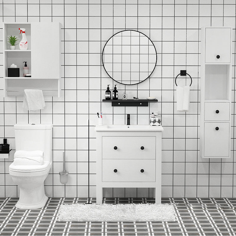 Freestanding Vanity Drawers Single Sink Rectangle Wood Frame Bathroom Vanity with Mirror Vanity & Faucet & Mirrors 28"L x 19"W x 32"H White Clearhalo 'Bathroom Remodel & Bathroom Fixtures' 'Bathroom Vanities' 'bathroom_vanities' 'Home Improvement' 'home_improvement' 'home_improvement_bathroom_vanities' 6849910