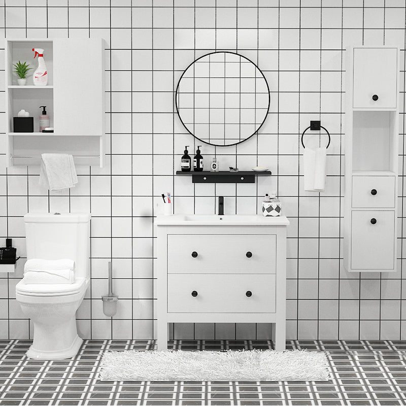 Freestanding Vanity Drawers Single Sink Rectangle Wood Frame Bathroom Vanity with Mirror Vanity & Faucet & Mirrors 32"L x 19"W x 32"H White Clearhalo 'Bathroom Remodel & Bathroom Fixtures' 'Bathroom Vanities' 'bathroom_vanities' 'Home Improvement' 'home_improvement' 'home_improvement_bathroom_vanities' 6849913