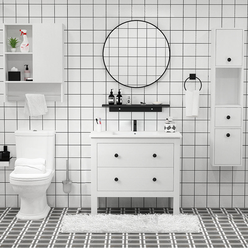 Freestanding Vanity Drawers Single Sink Rectangle Wood Frame Bathroom Vanity with Mirror Vanity & Faucet & Mirrors 36"L x 19"W x 32"H White Clearhalo 'Bathroom Remodel & Bathroom Fixtures' 'Bathroom Vanities' 'bathroom_vanities' 'Home Improvement' 'home_improvement' 'home_improvement_bathroom_vanities' 6849914