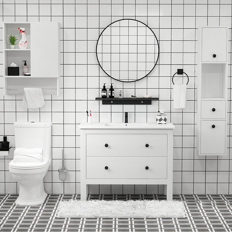 Freestanding Vanity Drawers Single Sink Rectangle Wood Frame Bathroom Vanity with Mirror Vanity & Faucet & Mirrors 40"L x 19"W x 32"H White Clearhalo 'Bathroom Remodel & Bathroom Fixtures' 'Bathroom Vanities' 'bathroom_vanities' 'Home Improvement' 'home_improvement' 'home_improvement_bathroom_vanities' 6849917