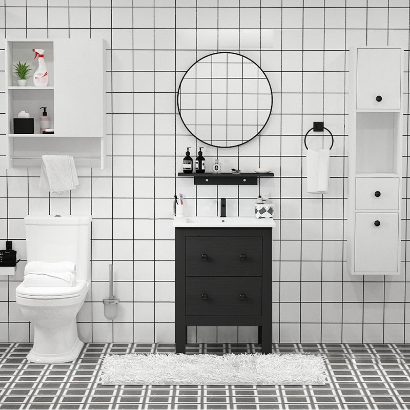 Freestanding Vanity Drawers Single Sink Rectangle Wood Frame Bathroom Vanity with Mirror Vanity & Faucet & Mirrors 24"L x 19"W x 32"H Black Clearhalo 'Bathroom Remodel & Bathroom Fixtures' 'Bathroom Vanities' 'bathroom_vanities' 'Home Improvement' 'home_improvement' 'home_improvement_bathroom_vanities' 6849920