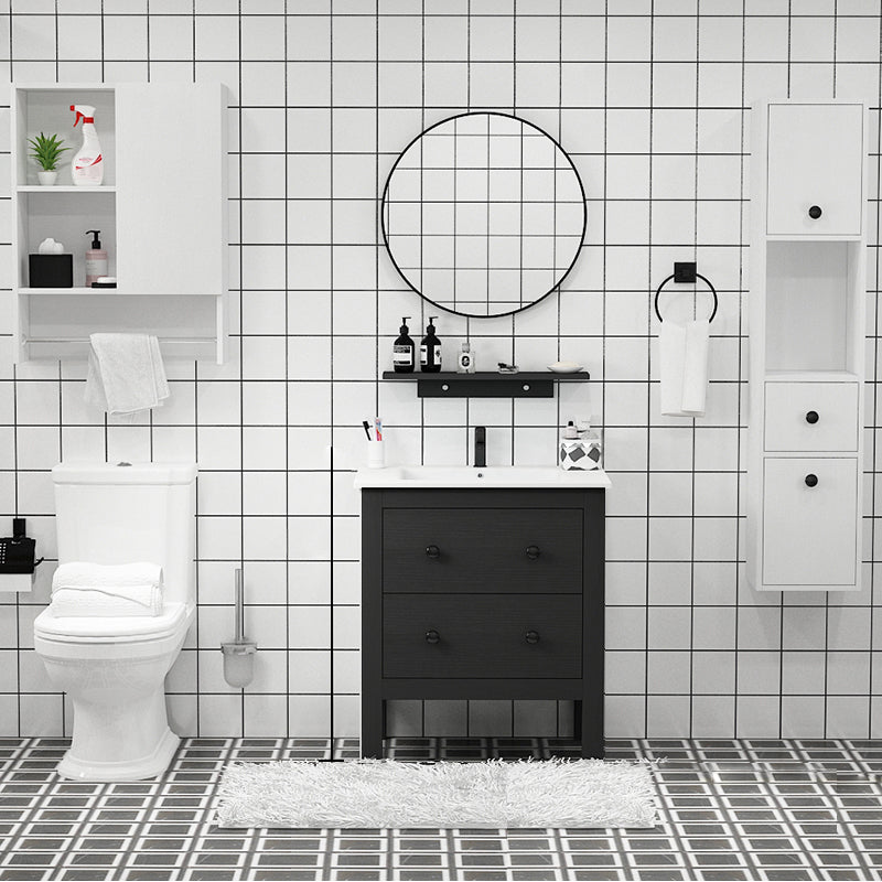 Freestanding Vanity Drawers Single Sink Rectangle Wood Frame Bathroom Vanity with Mirror Vanity & Faucet & Mirrors 28"L x 19"W x 32"H Black Clearhalo 'Bathroom Remodel & Bathroom Fixtures' 'Bathroom Vanities' 'bathroom_vanities' 'Home Improvement' 'home_improvement' 'home_improvement_bathroom_vanities' 6849923