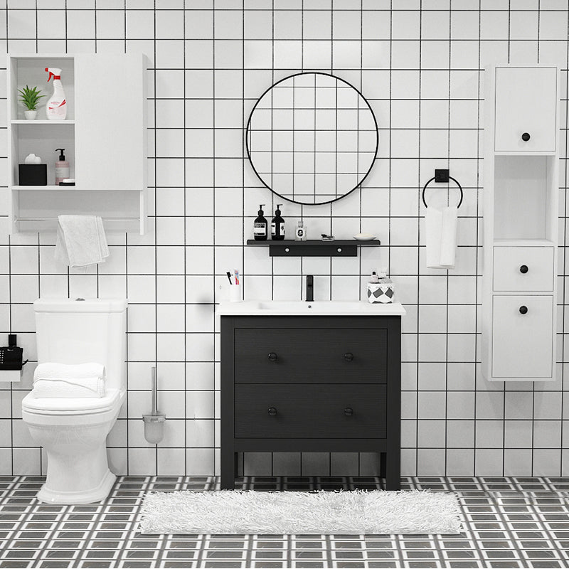 Freestanding Vanity Drawers Single Sink Rectangle Wood Frame Bathroom Vanity with Mirror Vanity & Faucet & Mirrors 32"L x 19"W x 32"H Black Clearhalo 'Bathroom Remodel & Bathroom Fixtures' 'Bathroom Vanities' 'bathroom_vanities' 'Home Improvement' 'home_improvement' 'home_improvement_bathroom_vanities' 6849924