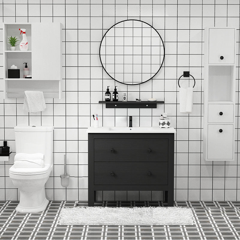 Freestanding Vanity Drawers Single Sink Rectangle Wood Frame Bathroom Vanity with Mirror Vanity & Faucet & Mirrors 36"L x 19"W x 32"H Black Clearhalo 'Bathroom Remodel & Bathroom Fixtures' 'Bathroom Vanities' 'bathroom_vanities' 'Home Improvement' 'home_improvement' 'home_improvement_bathroom_vanities' 6849925