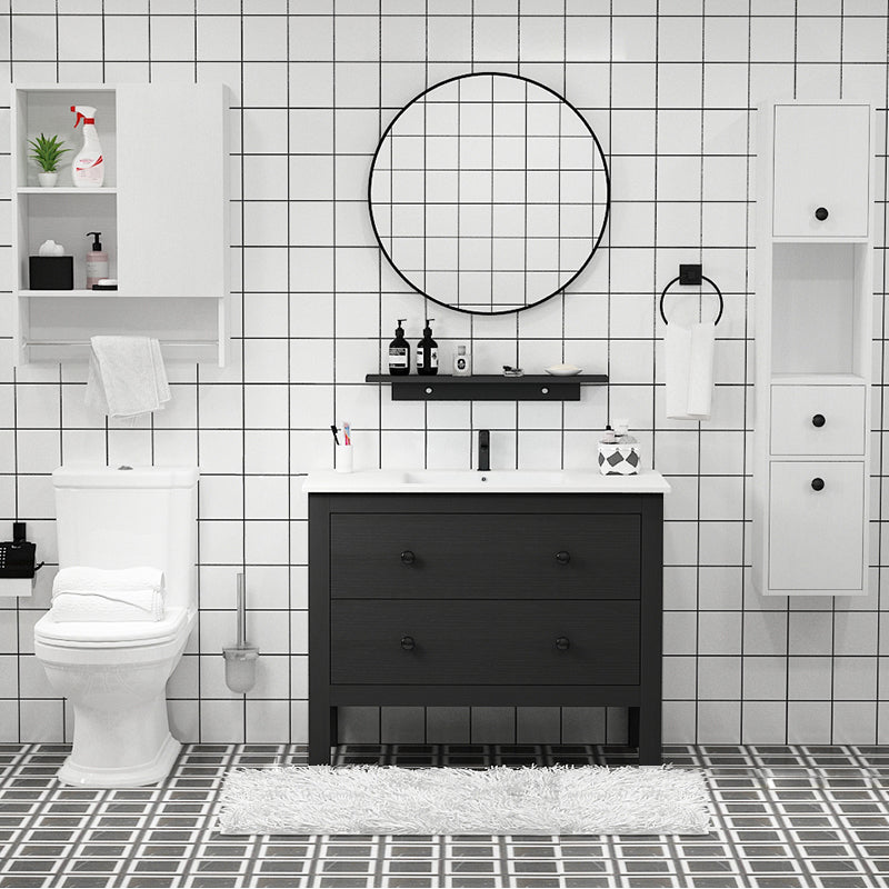 Freestanding Vanity Drawers Single Sink Rectangle Wood Frame Bathroom Vanity with Mirror Vanity & Faucet & Mirrors 40"L x 19"W x 32"H Black Clearhalo 'Bathroom Remodel & Bathroom Fixtures' 'Bathroom Vanities' 'bathroom_vanities' 'Home Improvement' 'home_improvement' 'home_improvement_bathroom_vanities' 6849926