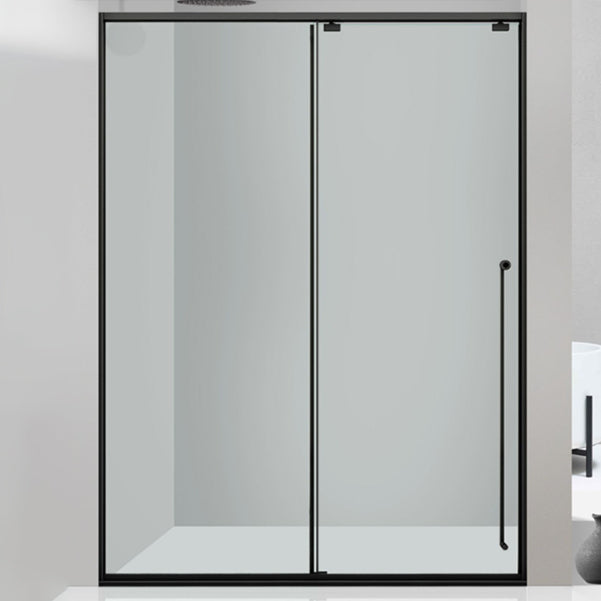 One-shaped Transparent Glass Shower Door, Semi-frameless Shower Single Sliding Door Black Left Clearhalo 'Bathroom Remodel & Bathroom Fixtures' 'Home Improvement' 'home_improvement' 'home_improvement_shower_tub_doors' 'Shower and Tub Doors' 'shower_tub_doors' 'Showers & Bathtubs' 6850558