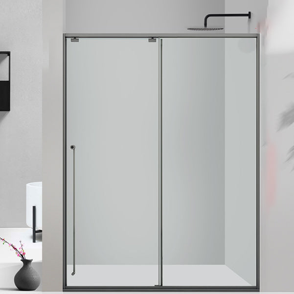 One-shaped Transparent Glass Shower Door, Semi-frameless Shower Single Sliding Door Gun Grey Right Clearhalo 'Bathroom Remodel & Bathroom Fixtures' 'Home Improvement' 'home_improvement' 'home_improvement_shower_tub_doors' 'Shower and Tub Doors' 'shower_tub_doors' 'Showers & Bathtubs' 6850562