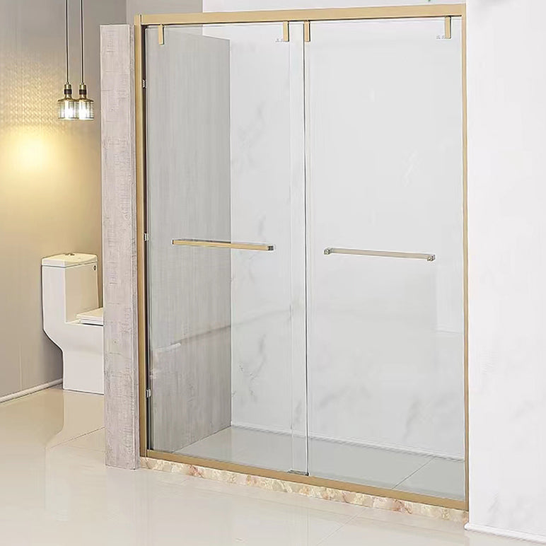 Double Sliding Semi Frameless Inline Tempered Glass Shower Door Gold Clearhalo 'Bathroom Remodel & Bathroom Fixtures' 'Home Improvement' 'home_improvement' 'home_improvement_shower_tub_doors' 'Shower and Tub Doors' 'shower_tub_doors' 'Showers & Bathtubs' 6850579
