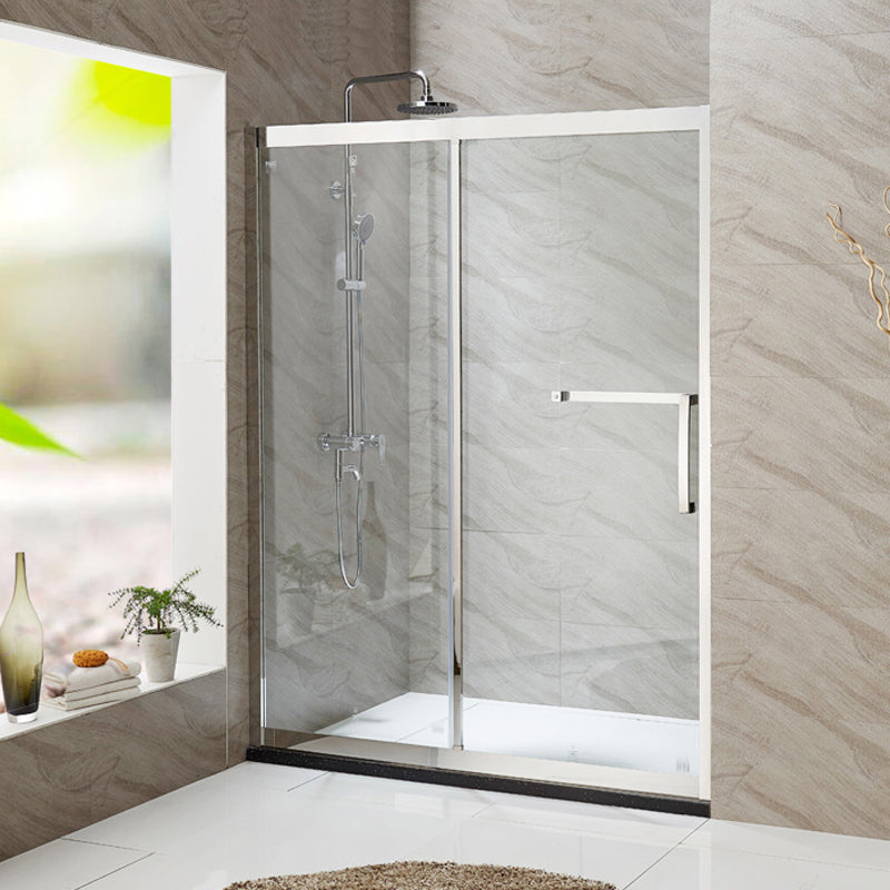 Silver Semi Frameless Single Move Tempered Glass Shower Door Clearhalo 'Bathroom Remodel & Bathroom Fixtures' 'Home Improvement' 'home_improvement' 'home_improvement_shower_tub_doors' 'Shower and Tub Doors' 'shower_tub_doors' 'Showers & Bathtubs' 6850609